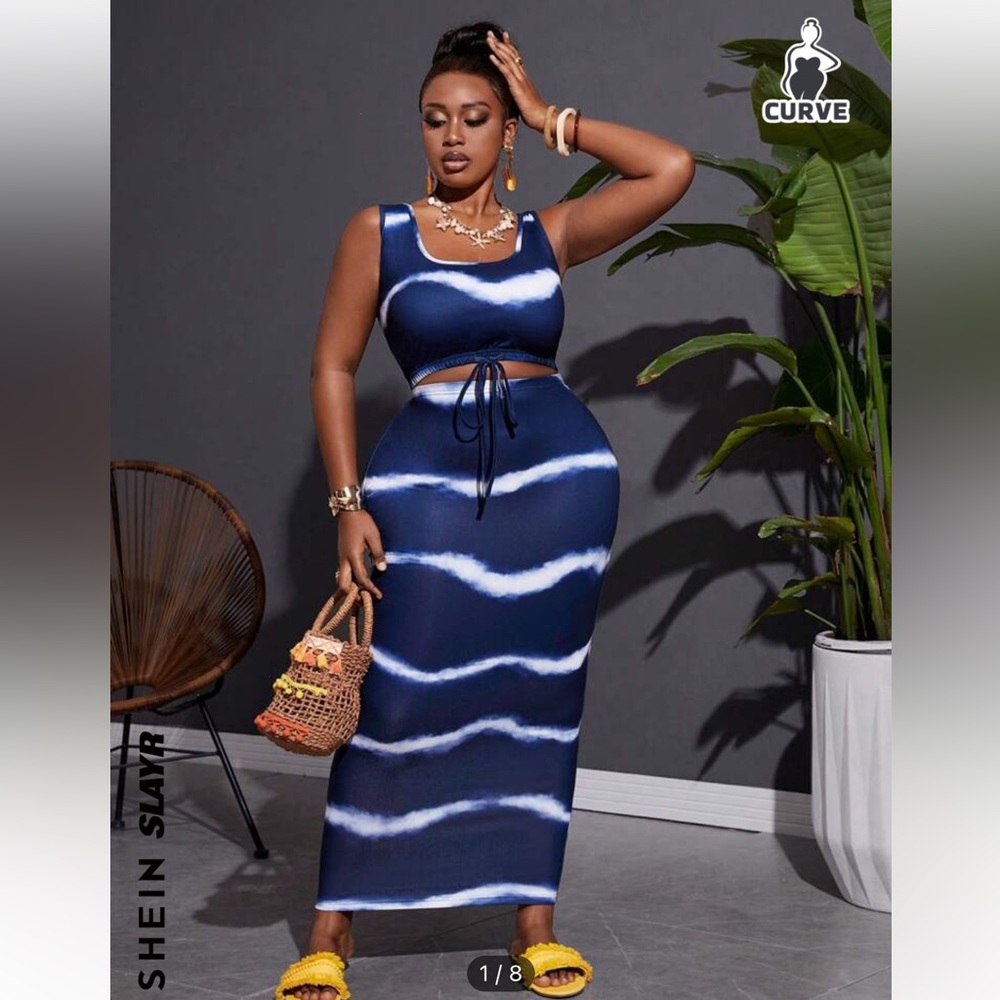 Plus Size Knitted Ribbed Tie Dye Printed Tank Top With Drawstring And Skirt